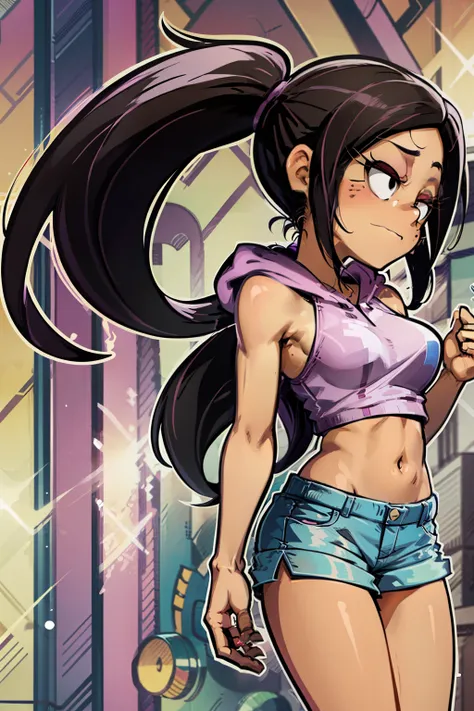 ronnie anne, purple hoodie, shorts, black eyes, ponytail, tanned skin, full body, (same character front, back, side view) cartoo...