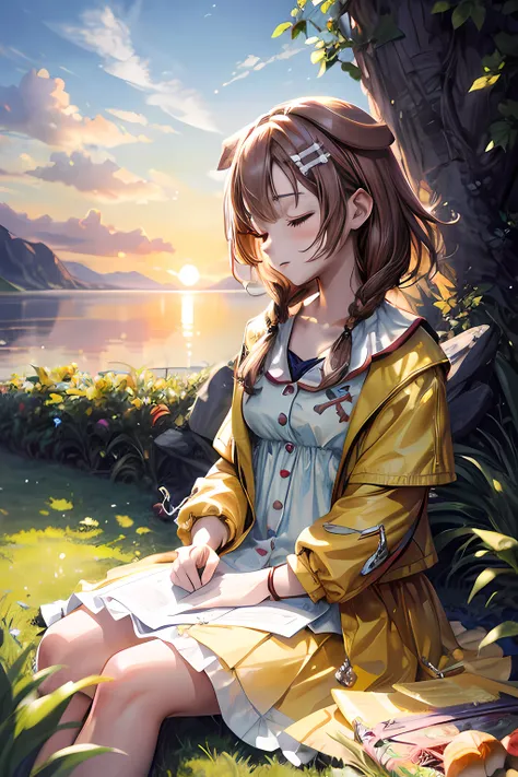 ((masterpiece)),(best quality,best illustration,top quality,8k,gorgeous,majestic),professional light,cinematic light,waterpaint,illustration,paint,1girl,cute girl sleeping on the grass,cute face,yellow jacket,white dress,brown hair,dog hair pin,high sharpn...