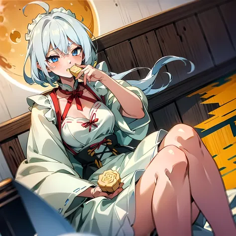 moon mid-autumn festival a girl wearing a maid outfit with white hair eating mooncakes blushing cute white silk hd 8k