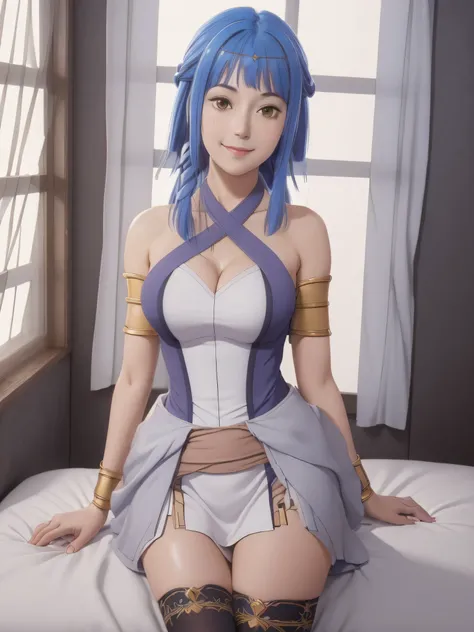((masterpiece)),((highres)),((best quality)),((highly detailed)),((extremely detailed CG unity 8k wallpaper)),illustration,Artemis,medium breasts,facing viewer,looking at viewer,smile,blush,bedroom,on bed,window,night,thighhighs,crossed legs,