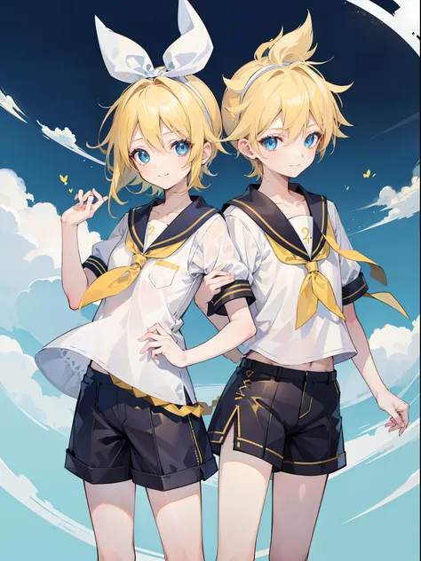 one boy and one girl, (a boy is kagamine_len), (a girl is kagamine_rin), blue eyes, blond hair, sailor uniform, black short pant...