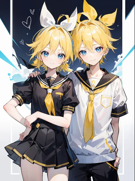 one boy and one girl, (a boy is kagamine_len), (a girl is kagamine_rin), blue eyes, blond hair, sailor uniform, black short pant...