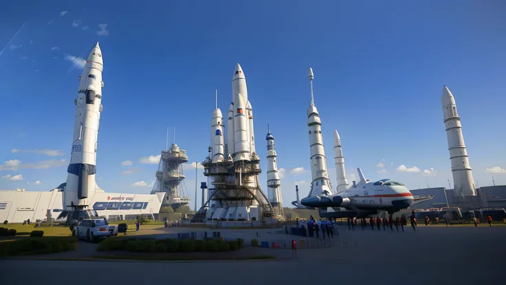 arafeld rockets line up in the park, starship in background, , a retro spaceship parked outside, spaceship in background, spaces...