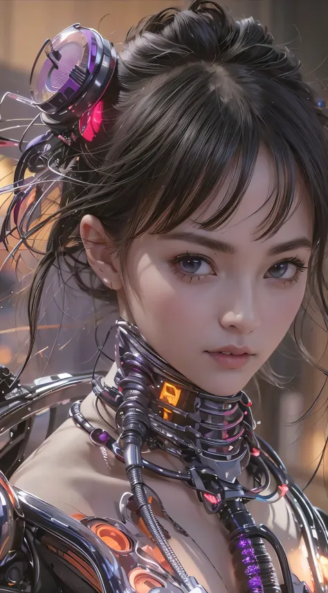 one in futuristic outfits，close-up of a woman with a flower in her hair, cute cyborg girl, beautiful girl cyborg, cyborg - girl,...