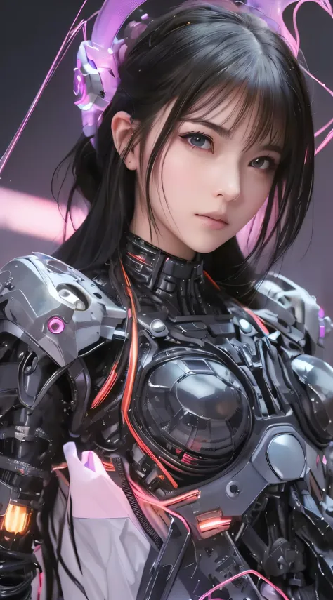 close-up of a woman in a futuristic suit with pink light, girl in mecha cyber armor, cute cyborg girl, cyberpunk anime girl mech...