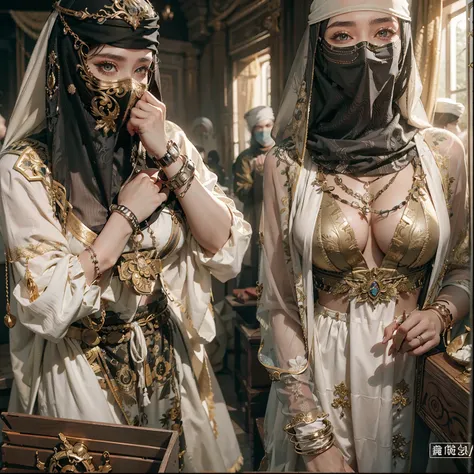 in a panoramic view，photorealestic，Full body like，In coastal cities，Modern luxury Arabian slave market，Slave girls monopolized the market，Six masked Arab slave girls were tied to the podium，binding，enslavement，Gaggage，bound waist，Blindfolded，handcuff，ankle...