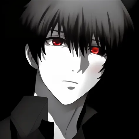 close-up of a man with red eyes and a black shirt, with red glowing eyes, with glowing red eyes, fully red eyes no pupils, his e...