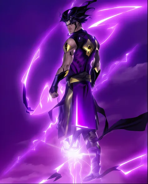 superhero demi god cool with purple rays in his hands, adulto descolado, superhero demi god, poderoso, cabelo marrom arrepiado, ...