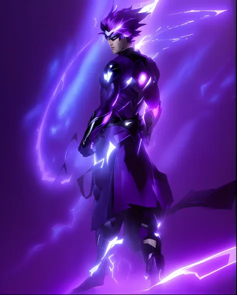 consertar imagem, cool superhero with purple ray powers, semi deus, cabelo castanho arrepiado, adulto descolado, mighty hero, ra...