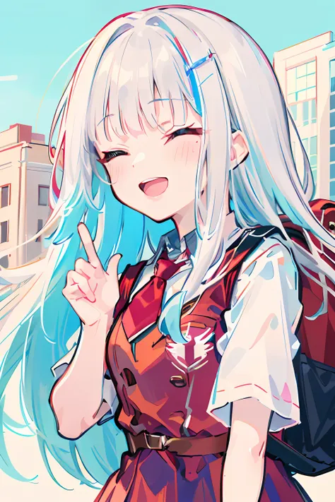 1girl, straight-on, upper body, solo, closed eyes, open mouth, laughing, smiling, white shirt, tight shirt, red skirt, red necktie, holding backpack, red cheeks, school, 7 year old girl, (iwanagadress:1.2), (iwanagakotoko:0.9), lineart, outdoor,