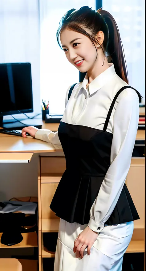 sunlight streams into the spacious office through the bright glass windows，a girl in a modern workplace uniform is working inten...