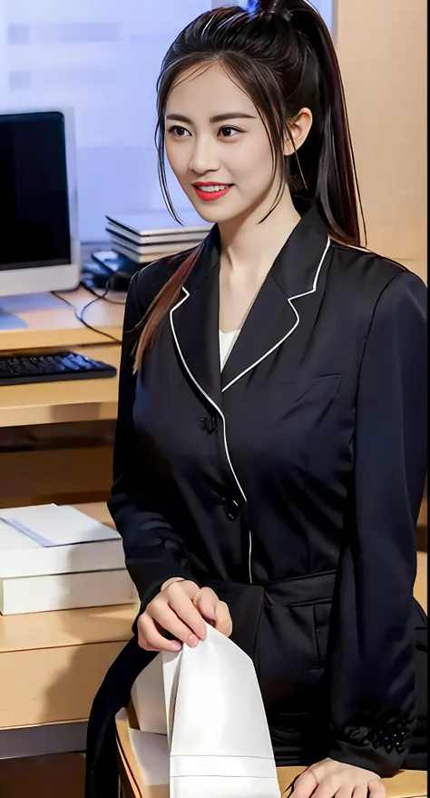 sunlight streams into the spacious office through the bright glass windows，a girl in a modern workplace uniform is working inten...