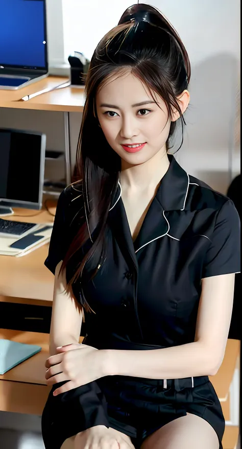 sunlight streams into the spacious office through the bright glass windows，a girl in a modern workplace uniform is working inten...