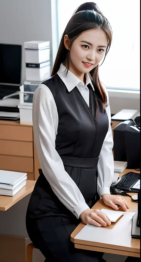 sunlight streams into the spacious office through the bright glass windows，a girl in a modern workplace uniform is working inten...