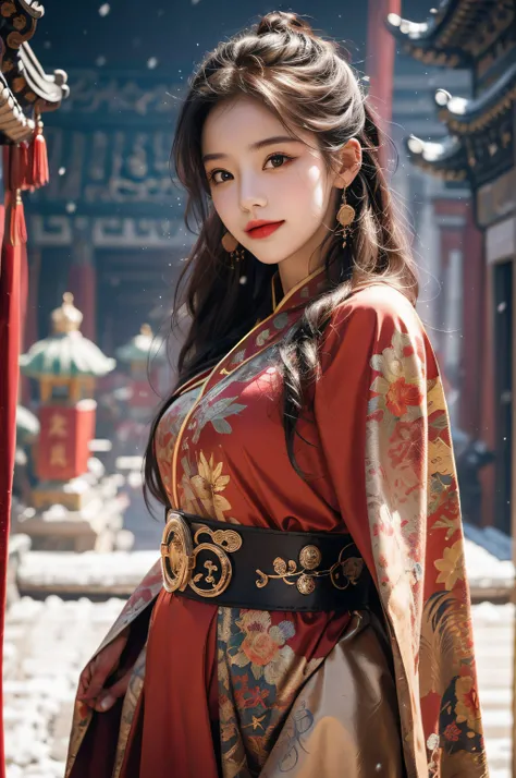 (Masterpiece), (absurderes), Cowboy shot, Shiny skin, Girl, Solo, pupils sparkling, long eyelasher, Closed mouth, Light smile, Long hair, Striped hair, Wavy hair, Chinese costume,Red cape,view the viewer, self-shot, (Snow,Ancient temple), Cinematic lightin...