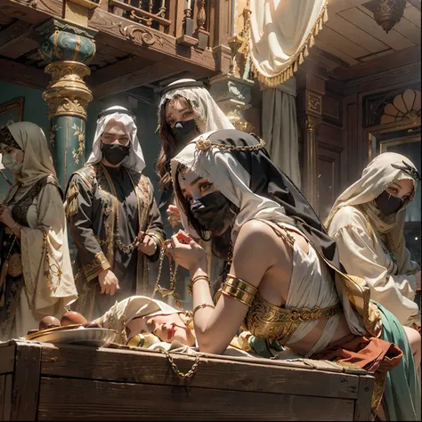 in a panoramic view，photorealestic，Full body like，In coastal cities，Modern luxury Arabian slave market，Slave girls monopolized the market，Six masked Arab slave girls were tied to the podium，binding，enslavement，Gaggage，bound waist，Blindfolded，handcuff，ankle...