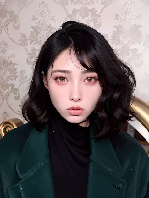 "woman wearing a green coat、black shirt，short hair, bare hair，inspired by yanjun cheng、popular korean makeup，popular korean make...