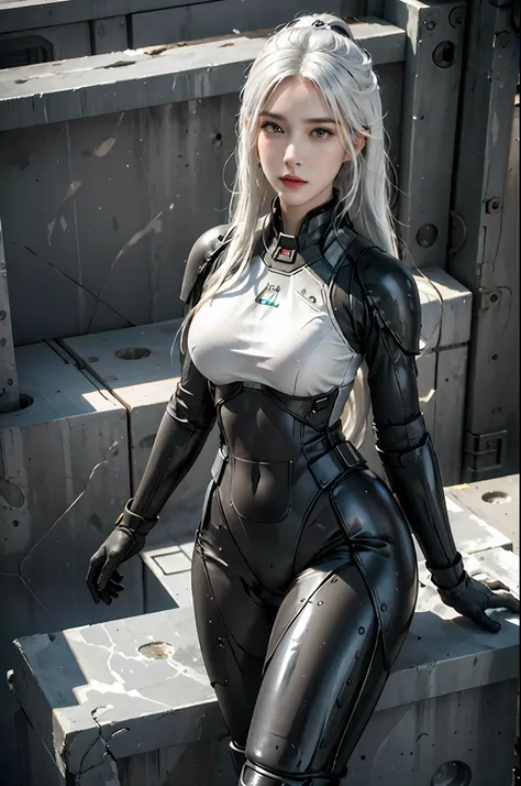 photorealistic, high resolution, 1women, solo, hips up, look at viewer, (detailed face), white hair, long hair, fallout, chinese...