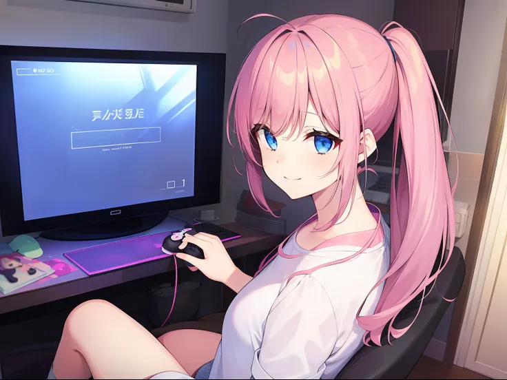 girl playing video game in room、poneytail、a smile、clothes are white、hair color is cherry blossom color