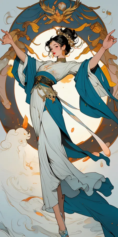 tarot cards,one-girl(full bodyesbian),Gorgeous dress,dances,Flowers,suns,Auspicious clouds,Solid color base,Pastel colors, graceful movements, Lots of details,delicated,tmasterpiece,32K,Extremely detailed,(Fractal art:1.1),(Colorful:1.1),(skulls:1.3),high...