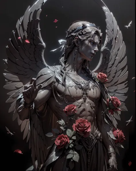 (very detailed 8k wallpapers), medium plan,(masterpiece, top quality, best quality), (headband),statue with wings and roses on t...