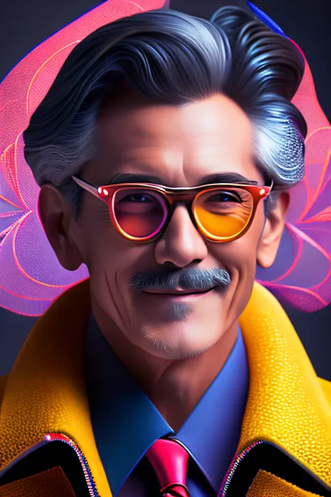 (fashionista portrait middle-aged man of the 1950s with intricate colorful modern bright colored glasses), hair with flowers, sm...