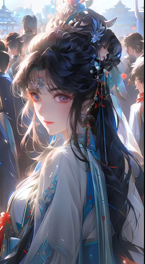 anime girls wearing ties and blue dresses in crowds, palace ， a girl in hanfu, beautiful character painting, guviz, guviz-style ...