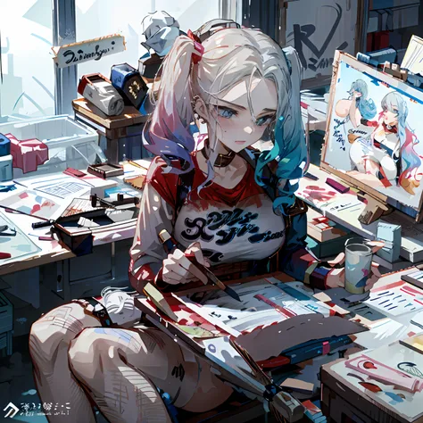 Get wet,Powder blue gradient double ponytail,Royal Sister,Large breasts,hot girls,Raised sexy,Drawing board,Painter,Art studio,artist,Handheld brush,Handheld color palette