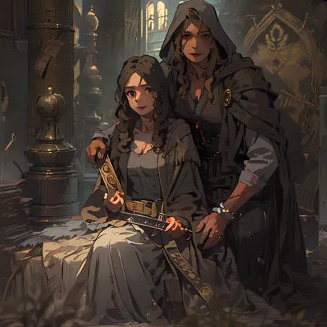 Douai woman and man, Hi-Def, ultradetail, European facial features, realeme fentezi, Pattern, portraite of a, Girl 36 years old, dark brown long hair, dark eyes, Smiling, dressed in an old shabby cloak, An old scarf wrapped around his head, Clarity 8 cc. S...