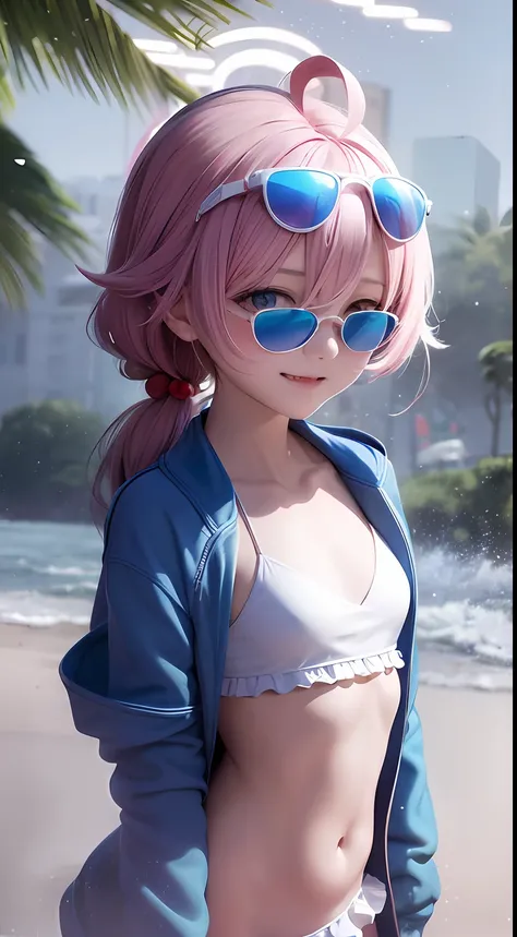 (tmasterpiece)、(Need)、ultra - detailed、1girl、hoshino、Buble、Low double ponytail、(swim wears)、sun glasses、(a white bikini)、(blue jacket)、ssmile、standing on your feet、sea beach、exteriors,