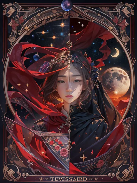 ,masterpiece, best quality,8k, ultra highres,On screen,A delicate tarot card unfolds on gorgeous red silk。The background of the cards shows a deep night sky,Dotted with the twinkling light of the stars。The moon hangs high in the sky,It emits a soft silver ...