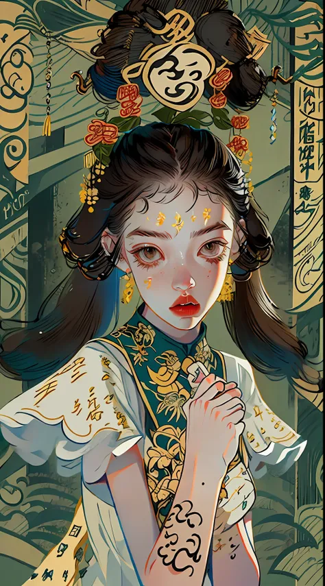 girl,full body,(detailed face:1.2), masterpiece, fashion,chinese dress,, medium hair, black hair, twintails, blunt bangs, brown ...