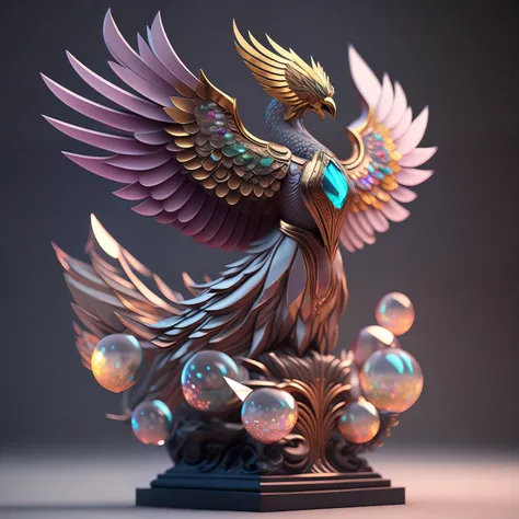 photo of divinestatue inkpunk（additional weapons），a lovely phoenix，made of crystal balls，highly detailed and complex conceptual ...