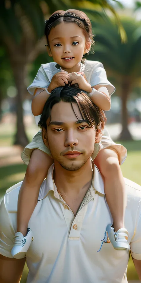 a father and son, son riding his father's shoulders, sortie sur le terrain, de nombreux ballons, contenu, contenu, perfect quali...