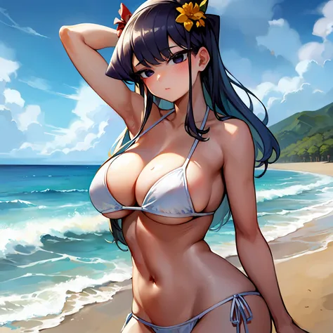 masterpiece, best quality, 1girl, solo, komi-san wa komyushou desu, komi shouko, large breasts, (white bikini:1.2), cowboy shot,...