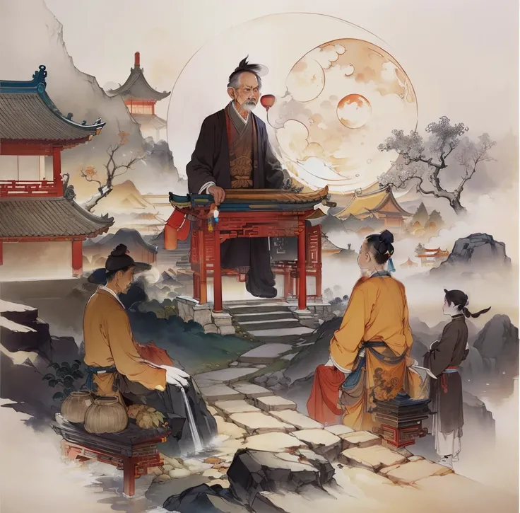 Ancient Chinese landscapes,Ancient buildings,Pavilions,Carved beams and paintings,enchanting scenery,Night,Moon light,Layered, Rich light and shadow,Mid-Autumn Festival, Ink painting style,clean color,Low-saturation colors,Colors of low brightness,Decisive...