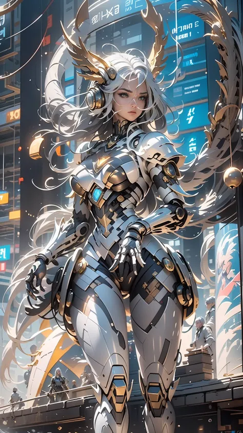 （（best qualtiy））， （（tmasterpiece））， （the is very detailed：1.3）， 3d，in cyberpunk world，a girl in mechanical armor，holding futuris...