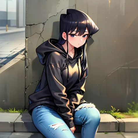 masterpiece, best quality, 1girl, solo, komi-san wa komyushou desu, (black hoodie:1.2), jeans, sitting, looking at viewer, stree...