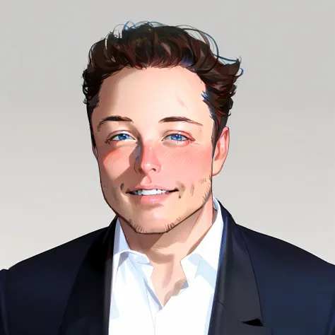 portrait of elon musk, elon musk, elon musk portrait, beautiful blue eyes, smile, detailed face, teeth, black hair, white shirt ...