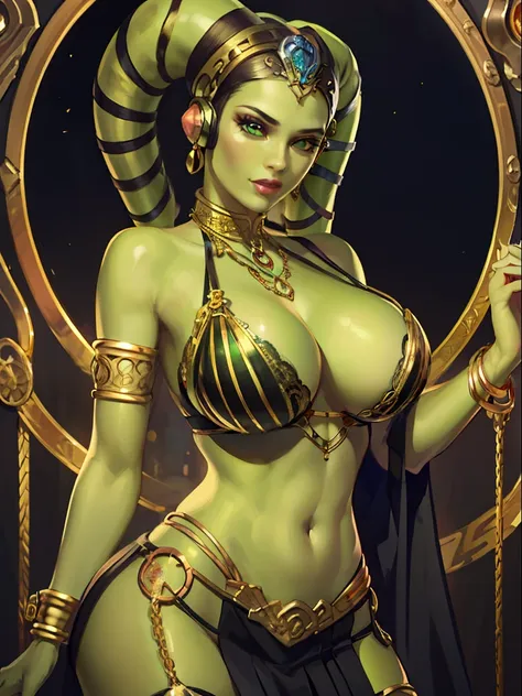 (best quality, masterpiece, highly detailed), 1girl, (green skin), sexy busty twi'lek, large breasts, cleavage, gold and black b...