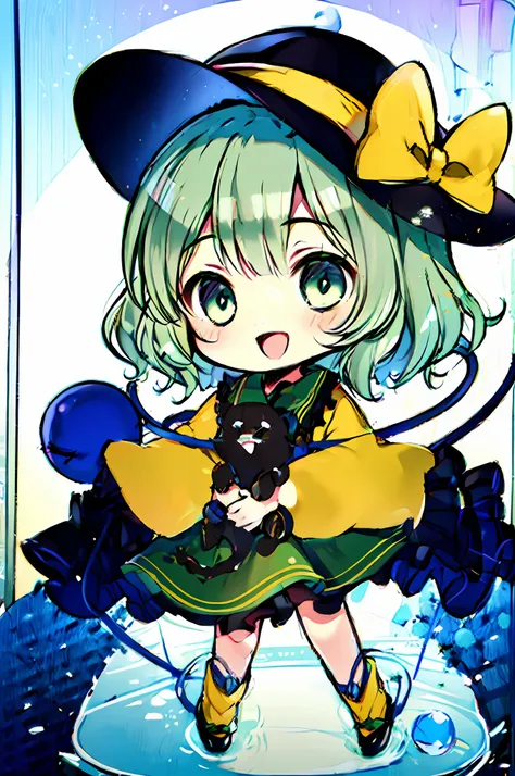 1 girl in、((komeiji koishi))、light green bob cut、black hat with yellow ribbon、black cat、((holding a black cat))、holding a cat、ka...