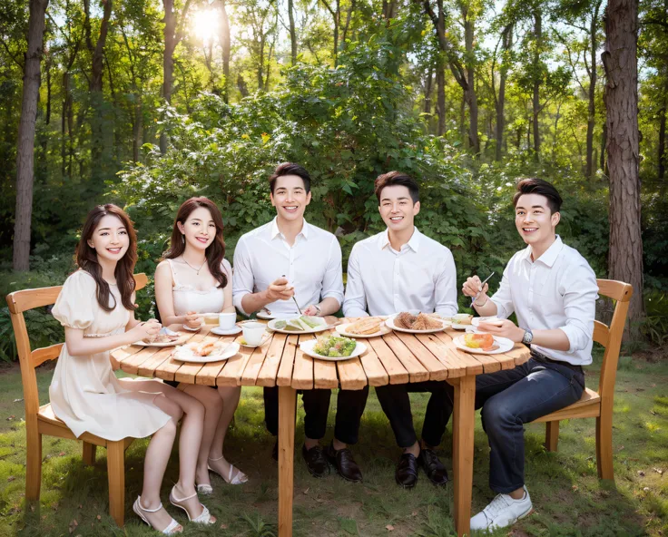 (best quality,masterpiece:1.2),(realistic,photo-realistic:1.37), group photo contains handsome man, beautiful woman and cute child boy with cute child girl, bright forest background, ((((full body: 1.2)))), (smile:1.15), beautiful detailed eyes, eating noo...