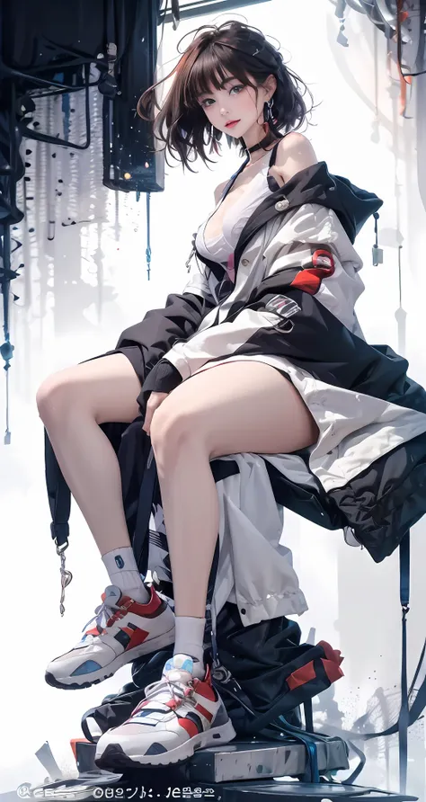 1girll， 独奏，sat down， looking at viewert，floated hair，wind coat， red, white and gray clothes，red details，a skirt， leaky shoulders...