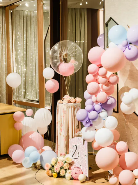 a birthday party installation was built,The cartoon painting panel serves as the background decoration,Simple,clean,concise,yet playful atmosphere,real,(realistic),super detailed,(full detail),an abstract distorted view of a slanted plate surrounded by wat...