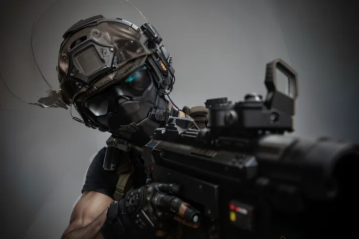 arad man wearing a black helmet，wearing a gun and helmet, airsoft cqb, wear tactical gear, future combat gear, close up portrait...