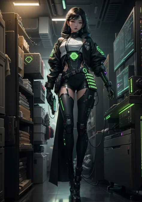 ((best qualtiy)), ((tmasterpiece)), (The is very detailed:1.3), 3D, big breasts beautiful (cyber punk perssonage:1.3) Female hacker,Green coat,Mechanical limbs,Operate a computer terminal、computer servers、LCD screens、Fiber optic cable、Corporate logo、hdr(Hi...