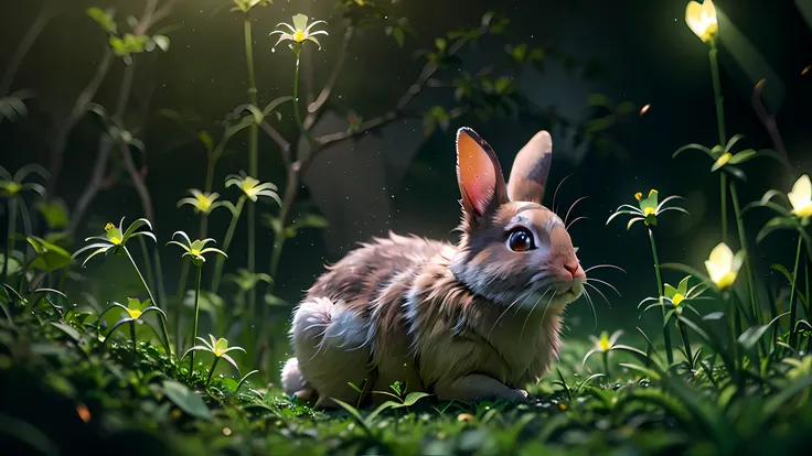 close up photo of a rabbit in enchanted forest, clean background, depth of field, large aperture, photography, night, fireflies,...