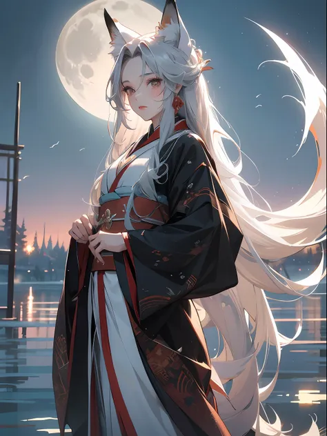 tmasterpiece，best quality at best，1beautifulwoman，embrace the fox，sliver long hair，fox ear，fox tails，look at the screen，hanfu，st...