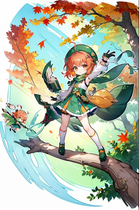 (masterpiece), best quality, expressive eyes, perfect face, ((small, cartoon, anime)), happy, tiny, cute, young girl, short hair, simple design, bangs, ((green hat, brown sling bag, green scarf, gloves, skirt, shoes)) young, ((brown eyes, green reflections...