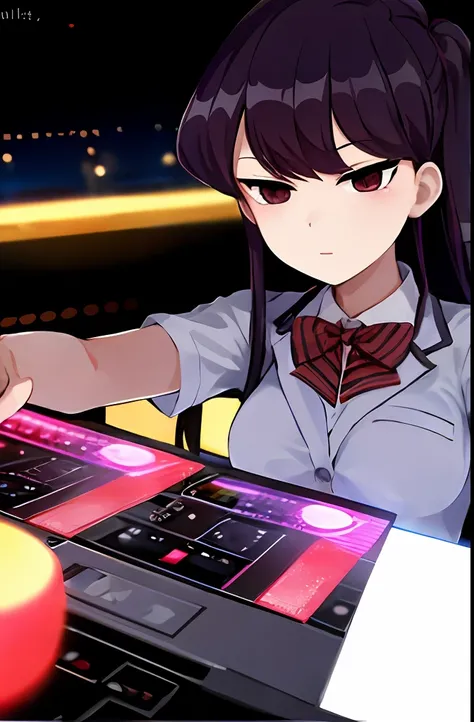 A solo shot featuring Komi Shouko a DJ, showcasing her skills on the turntables at a vibrant rave.